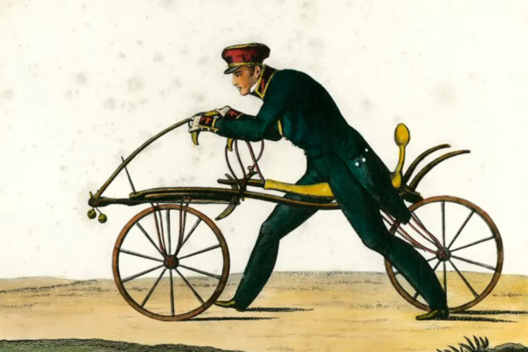 Who invented the first bicycle without pedals?